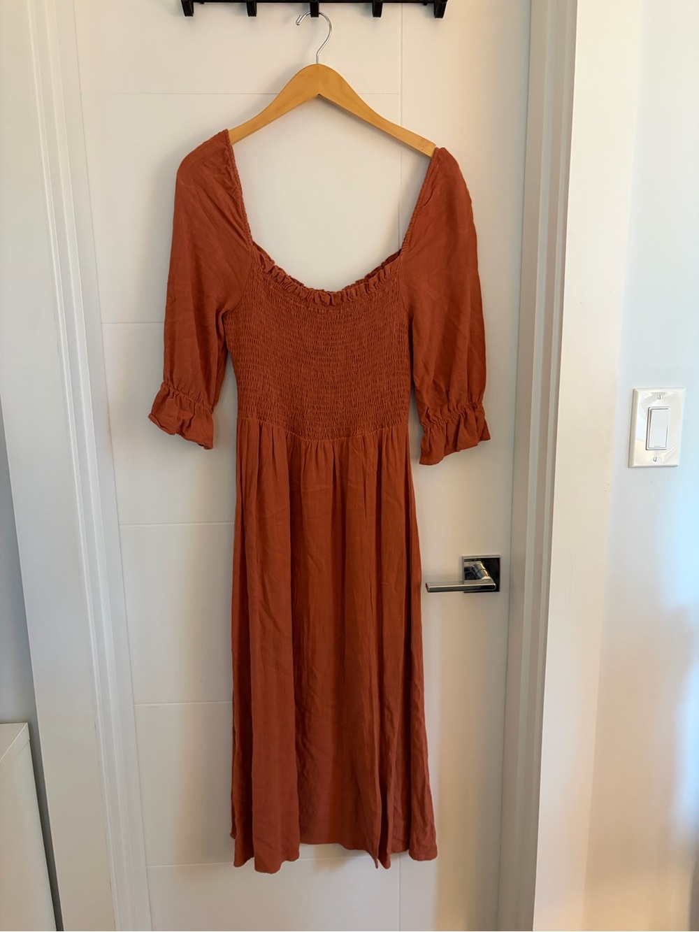 Rust Midi Dress with Puff Sleeves
